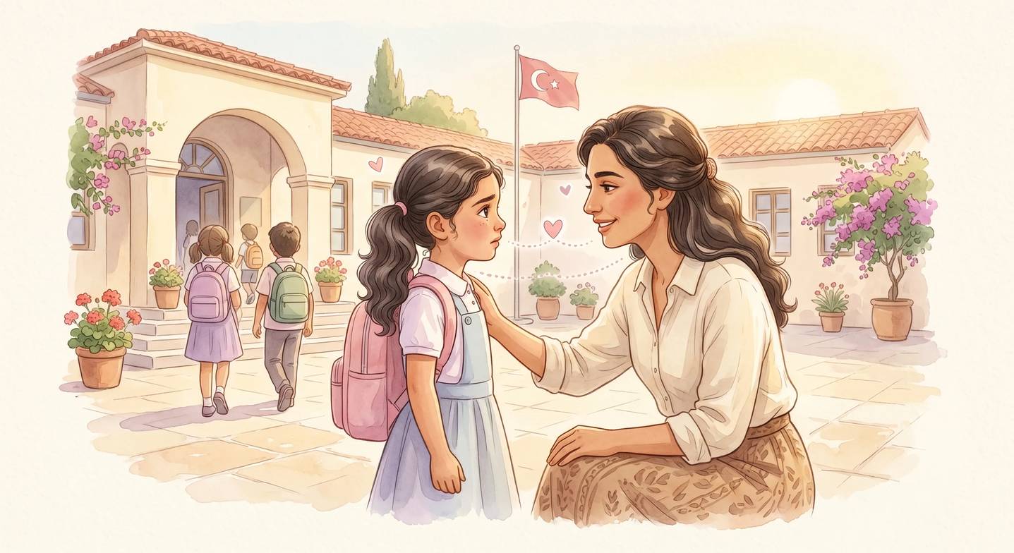 Bir anne, okul önünde kızıyla göz hizasında sakince vedalaşıyor