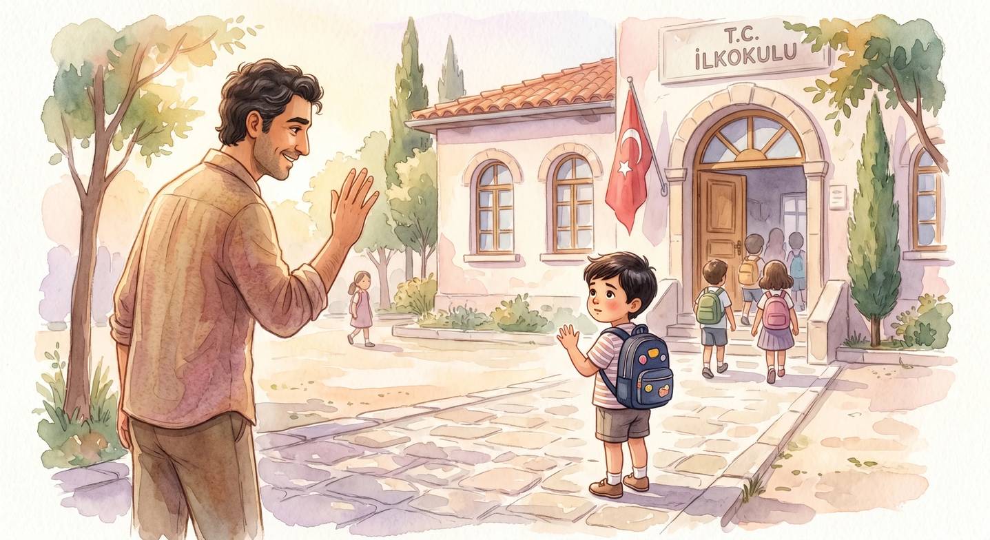 Bir baba, okul bahçesinde oğluyla güvenle vedalaşıyor, ikisi de birbirine el sallıyor