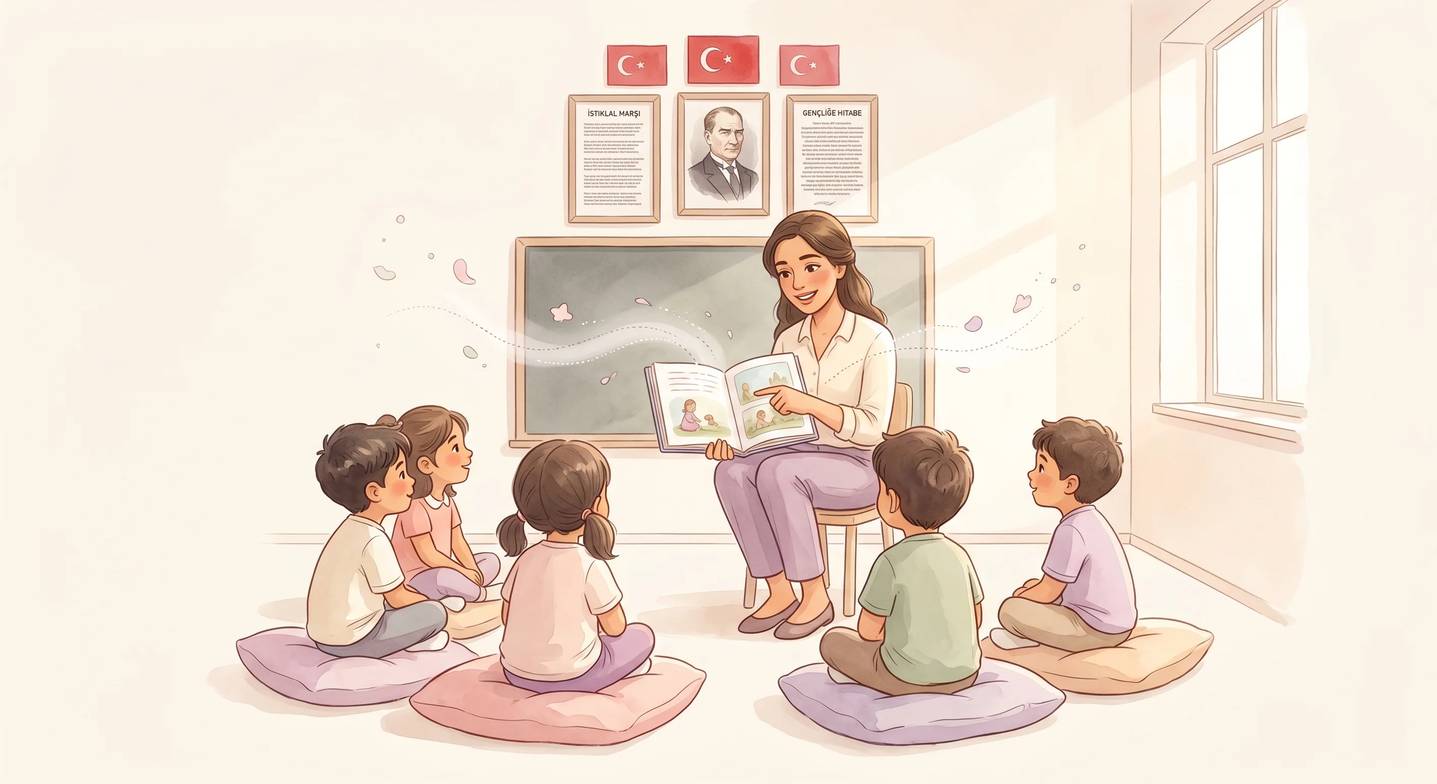 Bir okul öncesi öğretmeni, öğrencilerine kitap okuyor, ortam sıcak ve güvenli