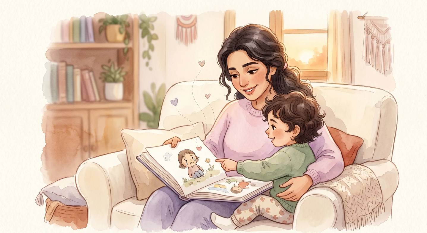 Bir anne ve küçük çocuğu, koltukta resimli bir kitabı inceliyor.