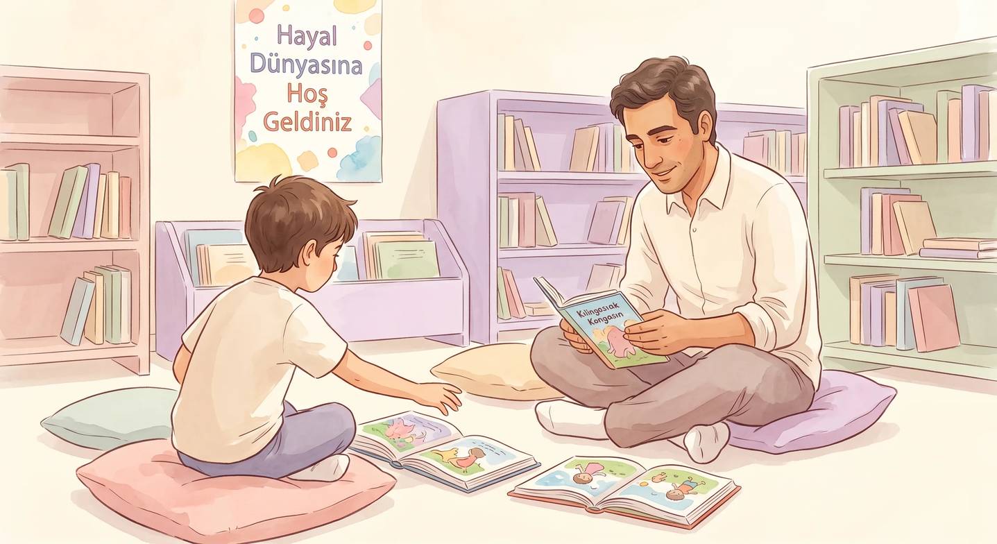 Bir baba ve oğlu, kütüphanenin çocuk bölümünde kitap seçiyor.