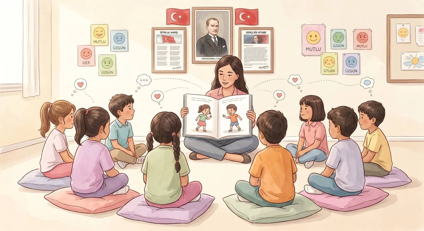 Bir öğretmen, sınıftaki çocuklara oturma düzeninde bir hikaye kitabı okuyor.