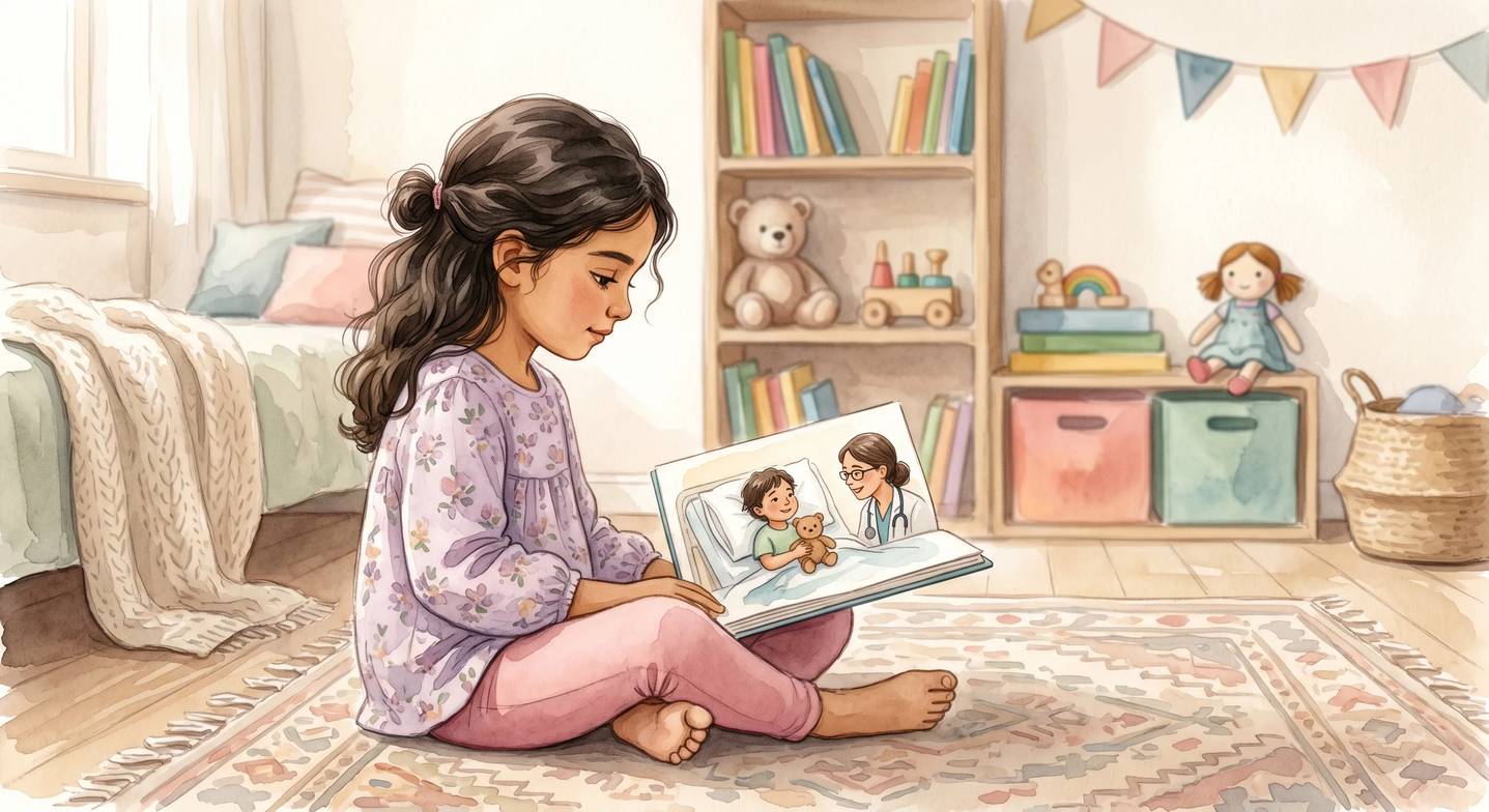 Küçük bir kız çocuğu, yerde oturmuş hastane temalı bir resimli kitaba bakıyor.