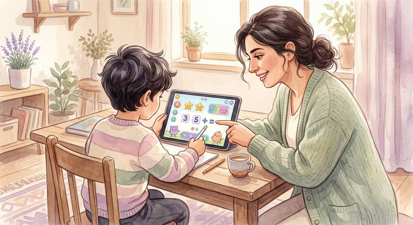 Anne ve çocuk birlikte eğitici bir uygulama kullanıyor