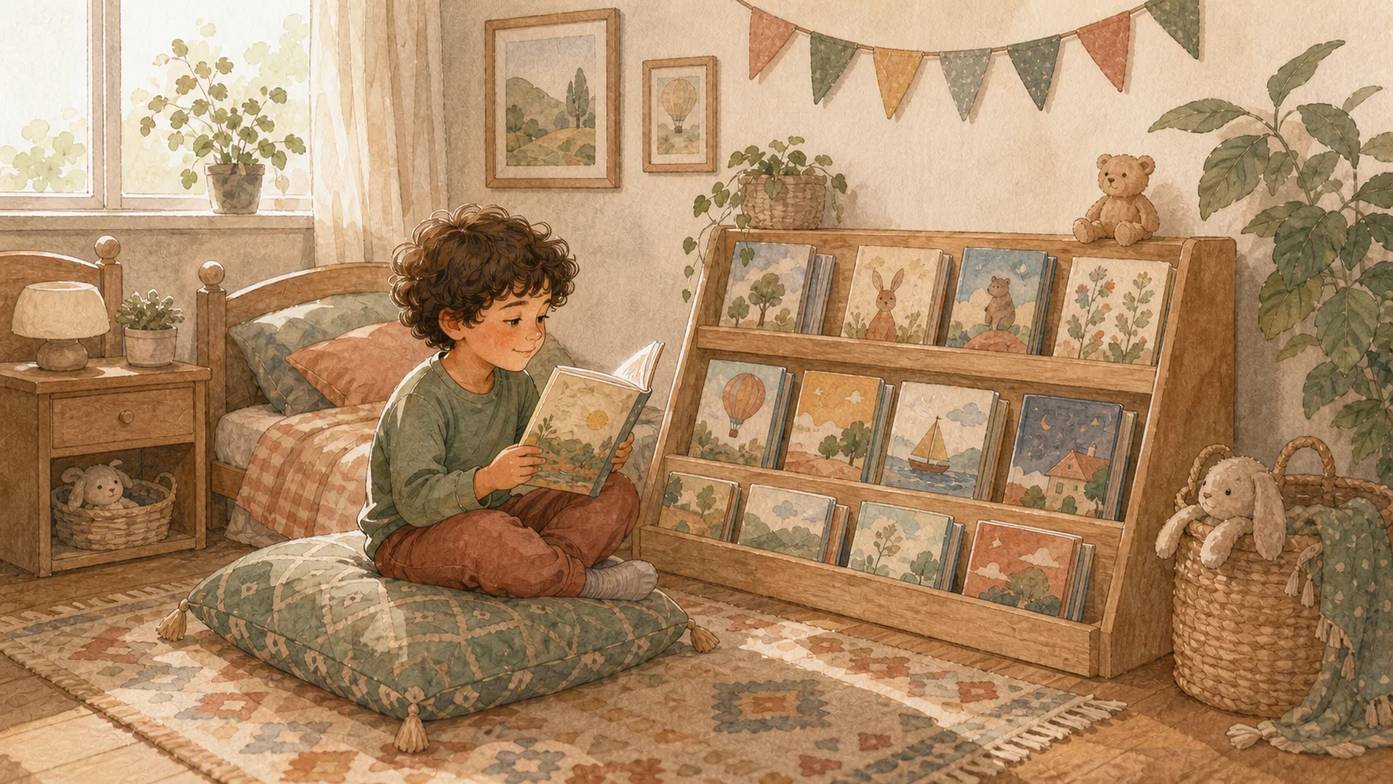 Çocuk odasında alçak bir kitaplıktan kitap seçen bir çocuk
