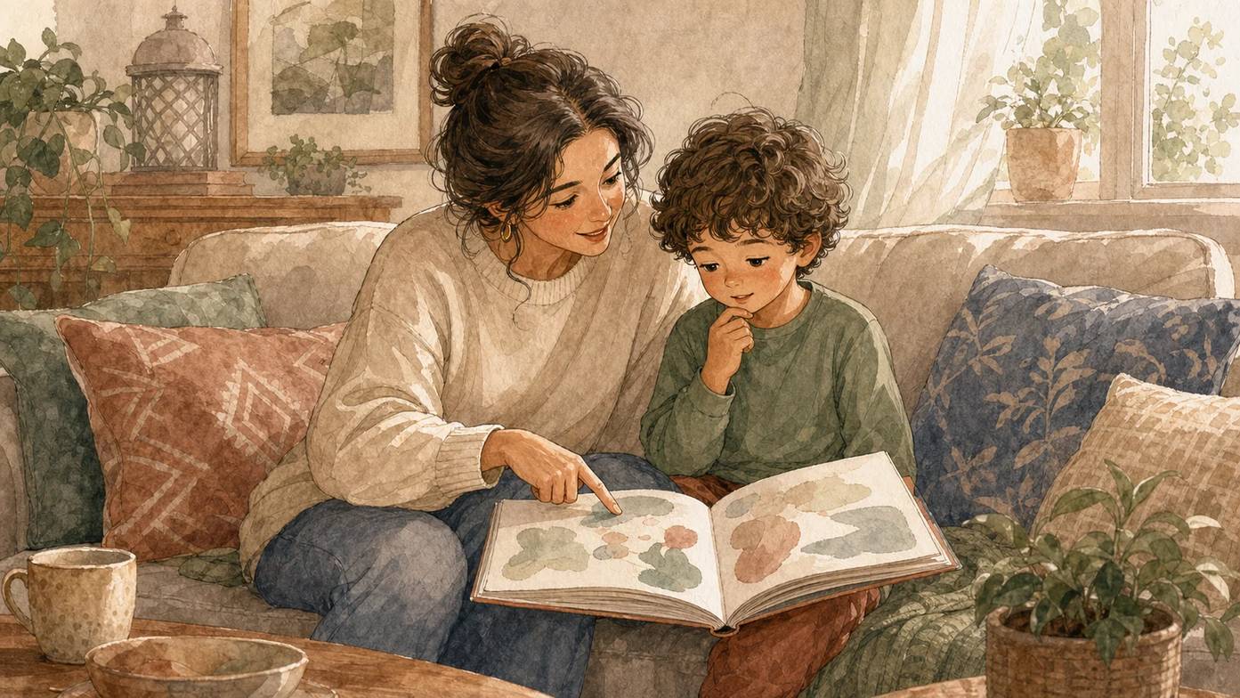 Kanepede birlikte kitap okuyan ve karakter hakkında konuşan bir ebeveyn ve çocuk