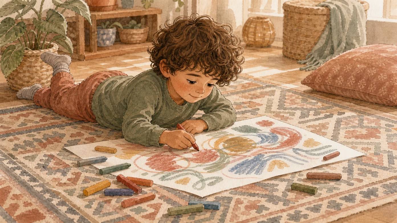 Yerde serbest çizim yapan ve pastel boyalarla renkleri karıştıran bir çocuk