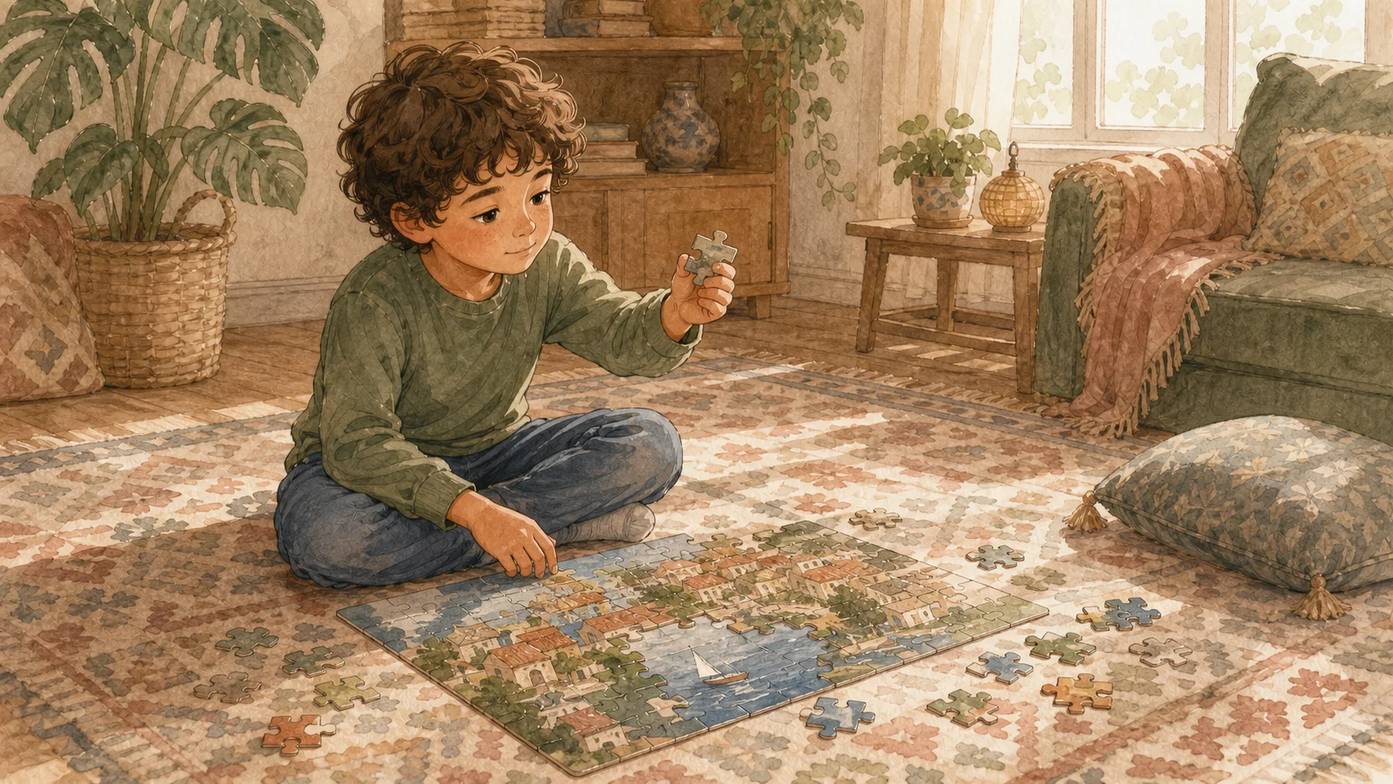 Yerde yapboz yapan ve parçayı nereye koyacağını düşünen bir çocuk