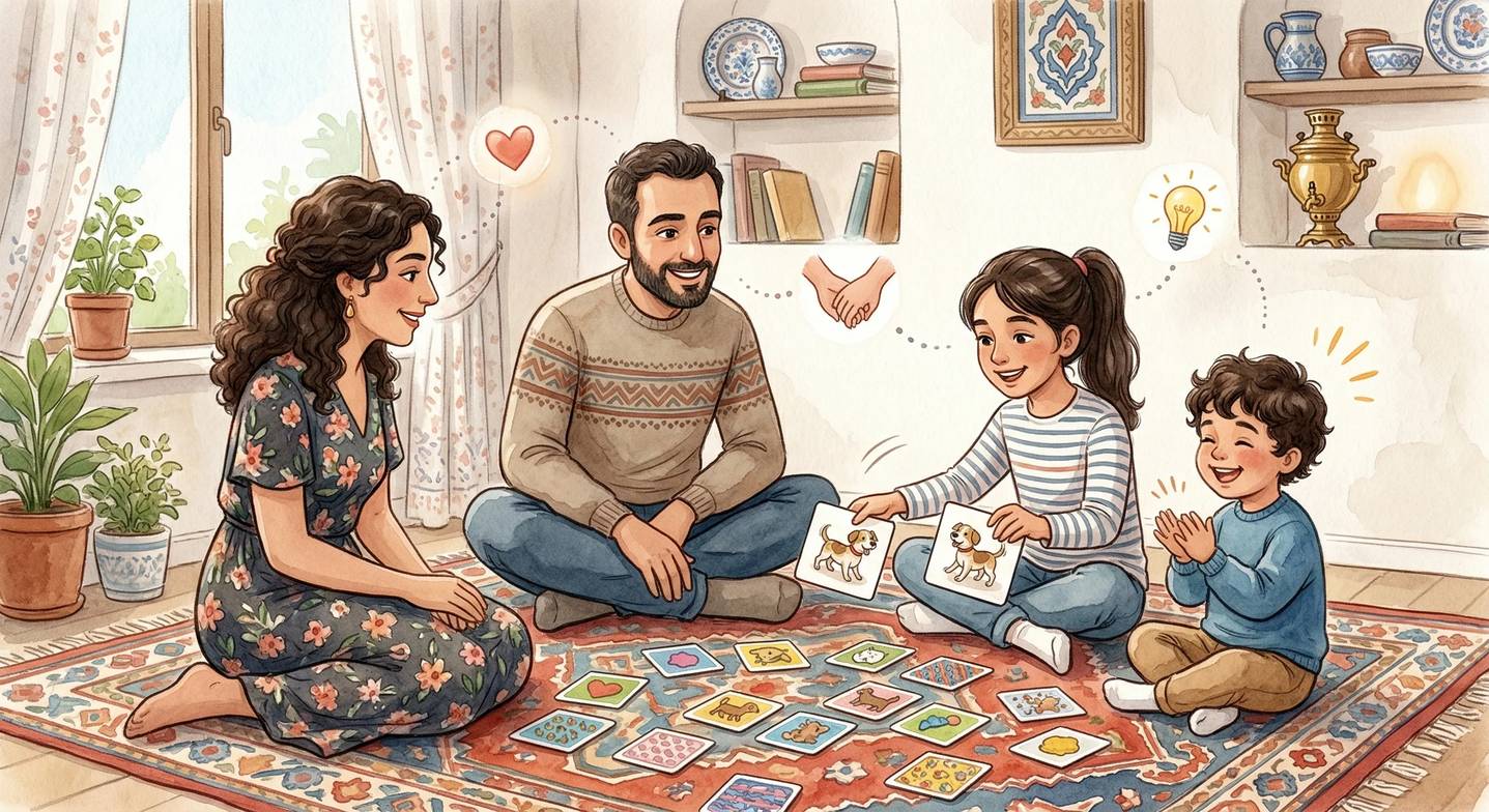 Aile birlikte hafıza kartı oyunu oynuyor.