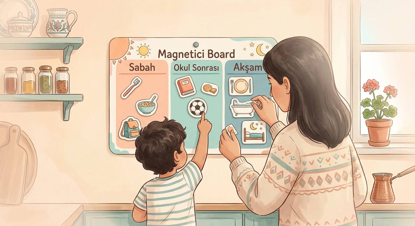 Anne ve çocuk, görsel bir program panosu kullanarak günlük rutinlerini planlıyor.