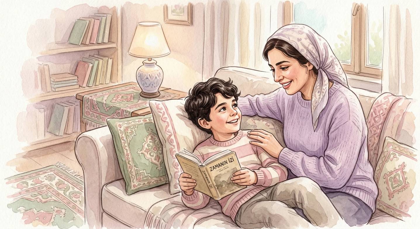 Anne, sessizce kitap okuyan çocuğunun yanına oturuyor ve onunla bağ kuruyor.