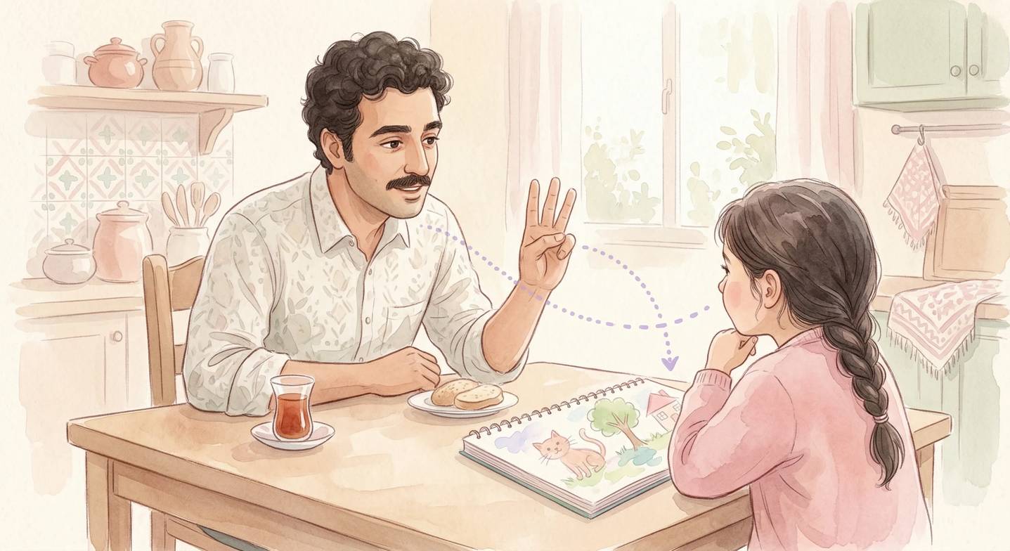 Baba çocuğuna talimat verirken çocuğun dikkati başka yere kayıyor.