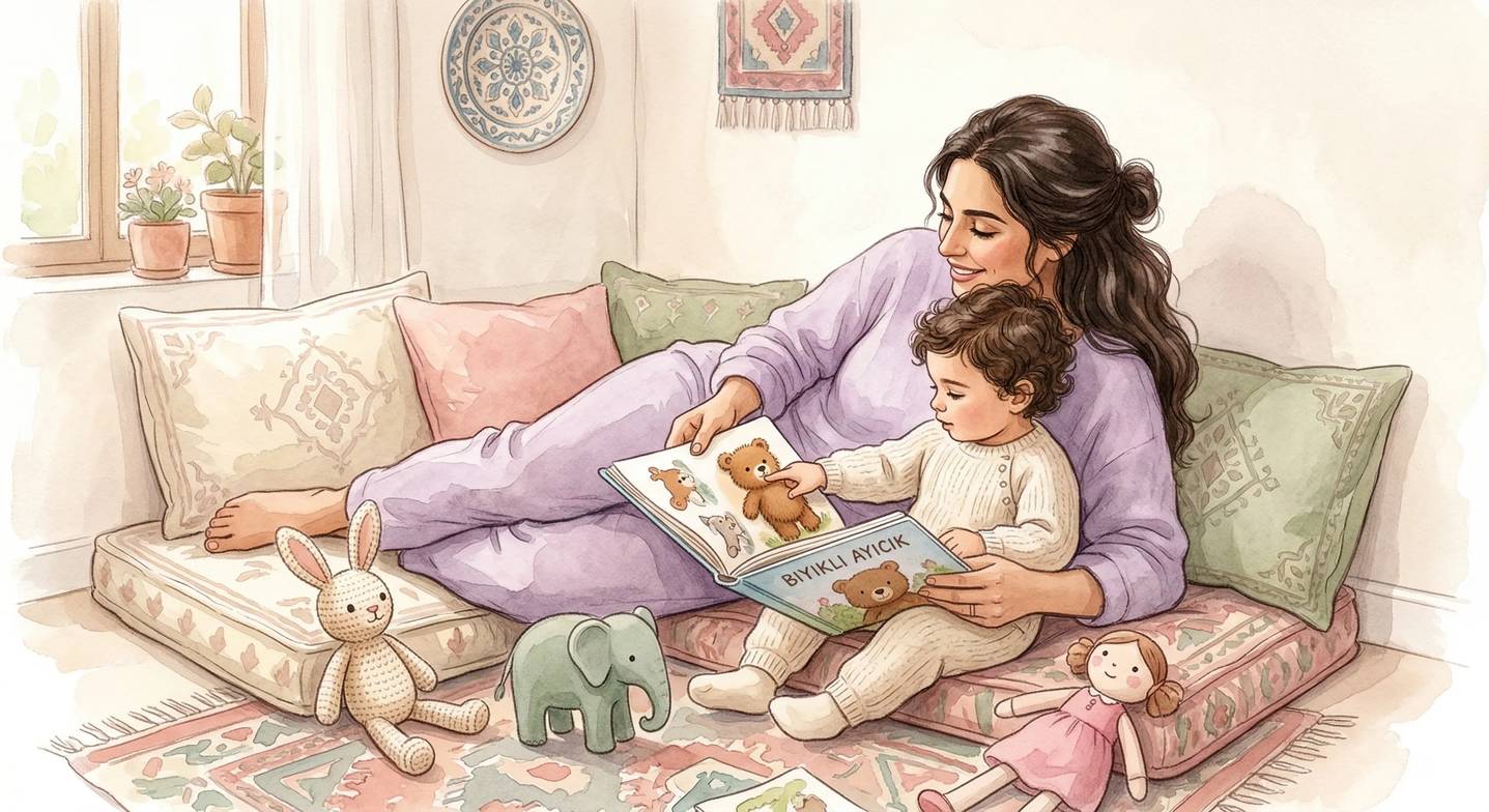 Anne ve çocuk dokunsal öğeleri olan bir kitabı birlikte keşfediyor.