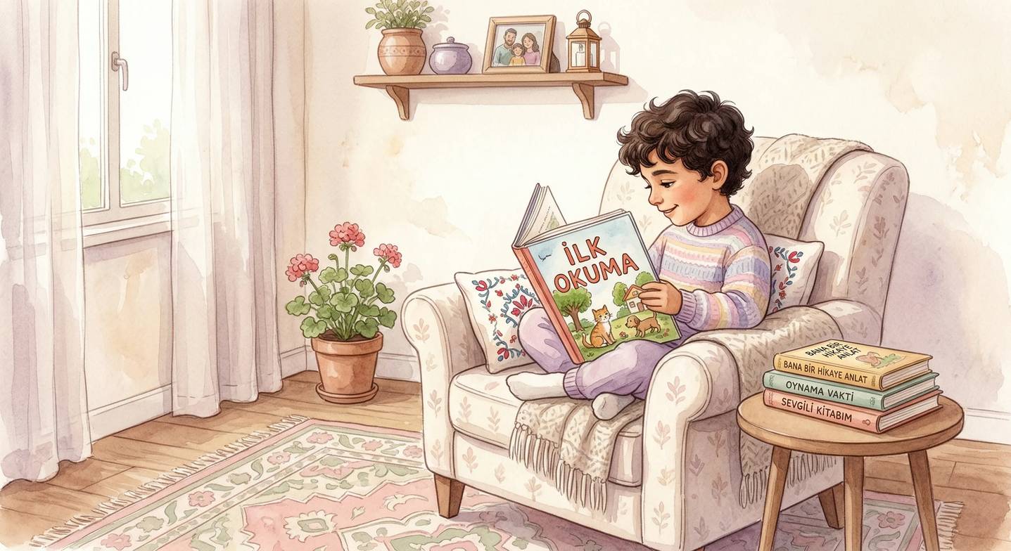 Çocuk, ilk okuma kitabını bağımsız olarak okumanın keyfini yaşıyor.