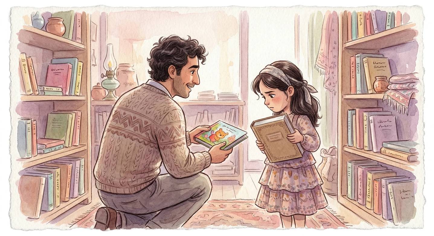 Baba ve kız çocuğu kitapçıda yaşa uygun kitap seçimi yapıyor.