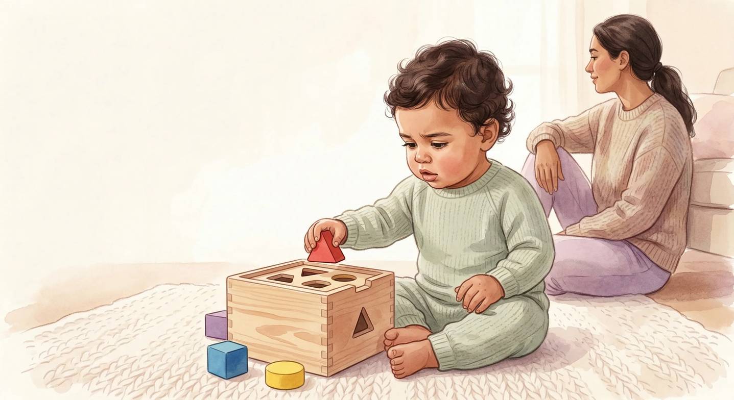 Bebek, şekil eşleştirme oyuncağı ile oynarken