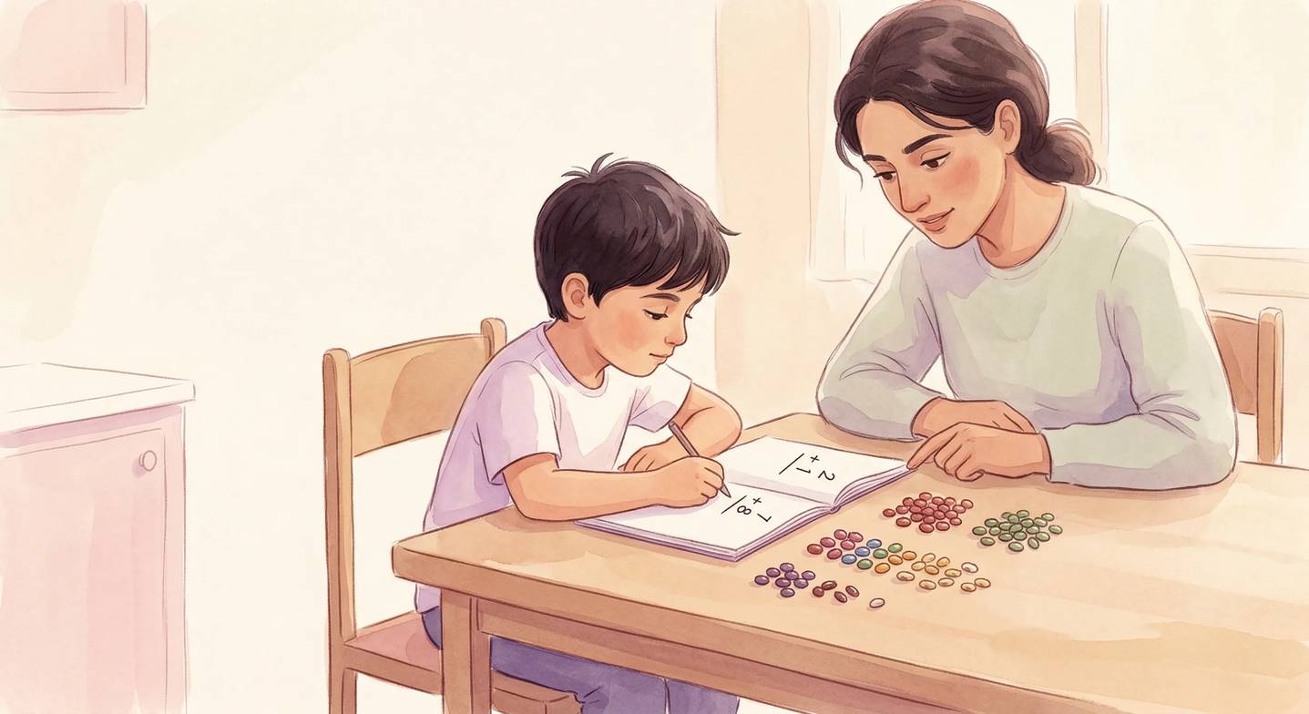 Çocuk, somut materyallerle matematik ödevi yaparken