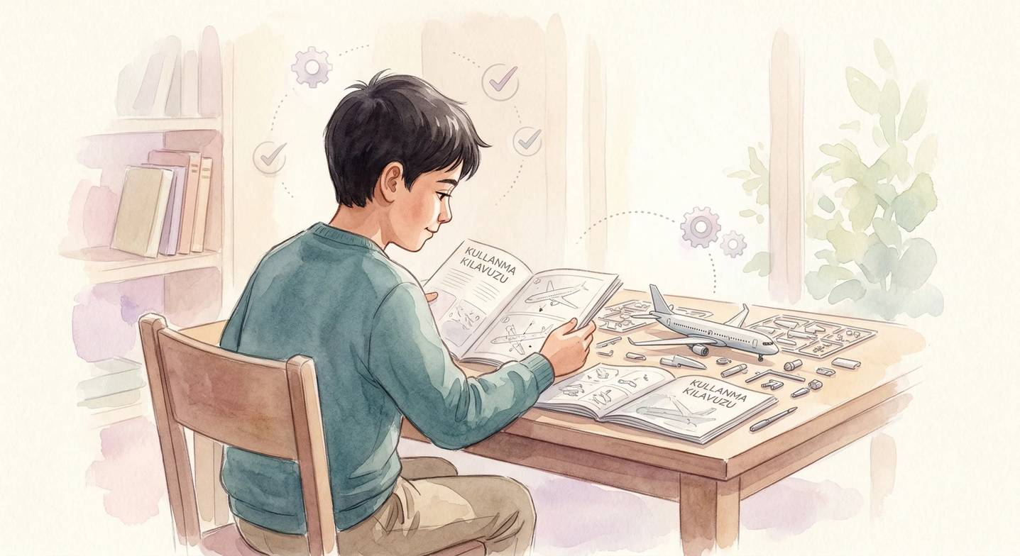 Çocuk, karmaşık bir yapı-inşa projesinin talimatlarını takip ederken