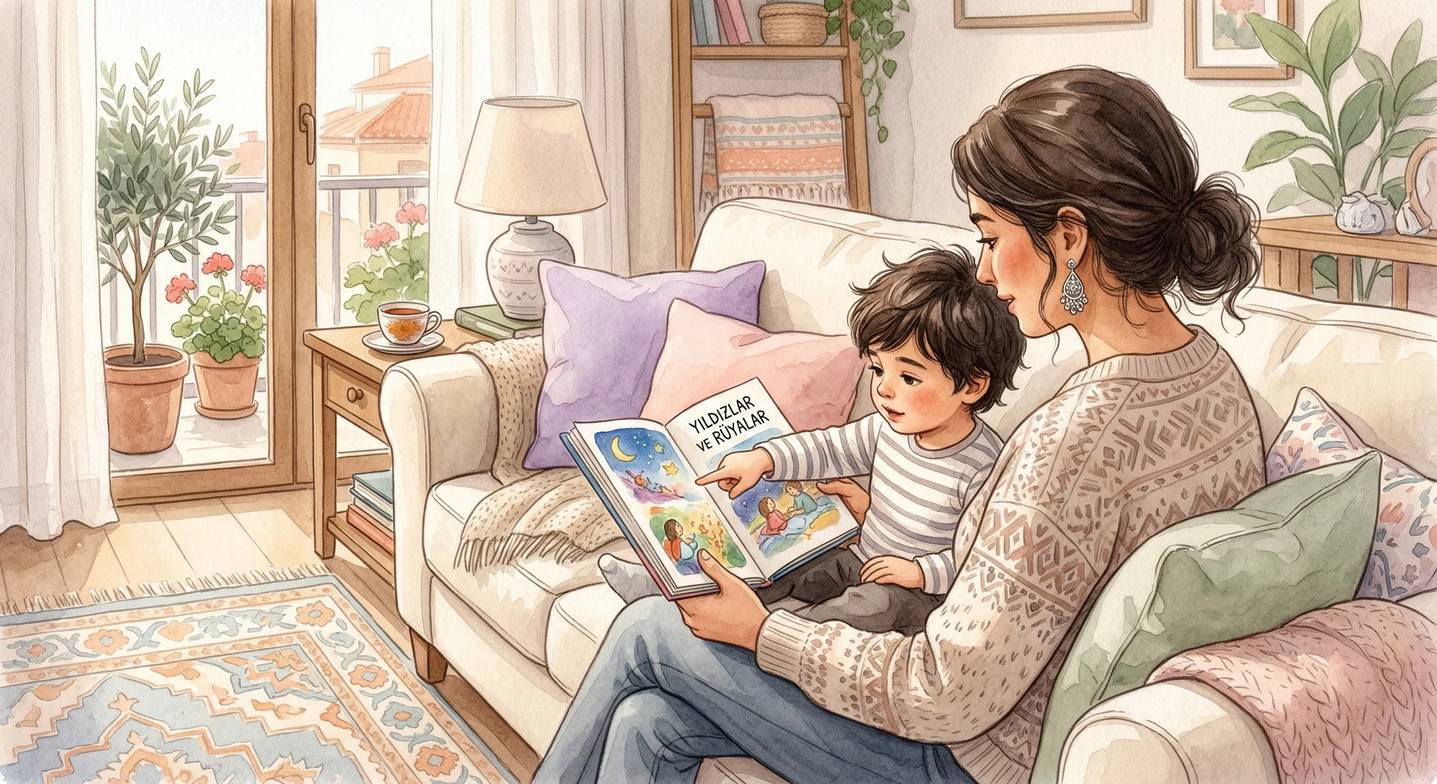 Ebeveyn ve çocuk birlikte kitap okuma anı