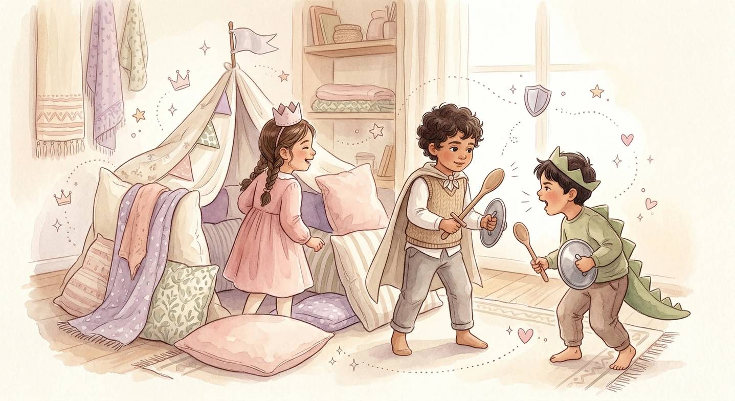 Okul öncesi çocuklar hayali bir kale oyunu oynarken