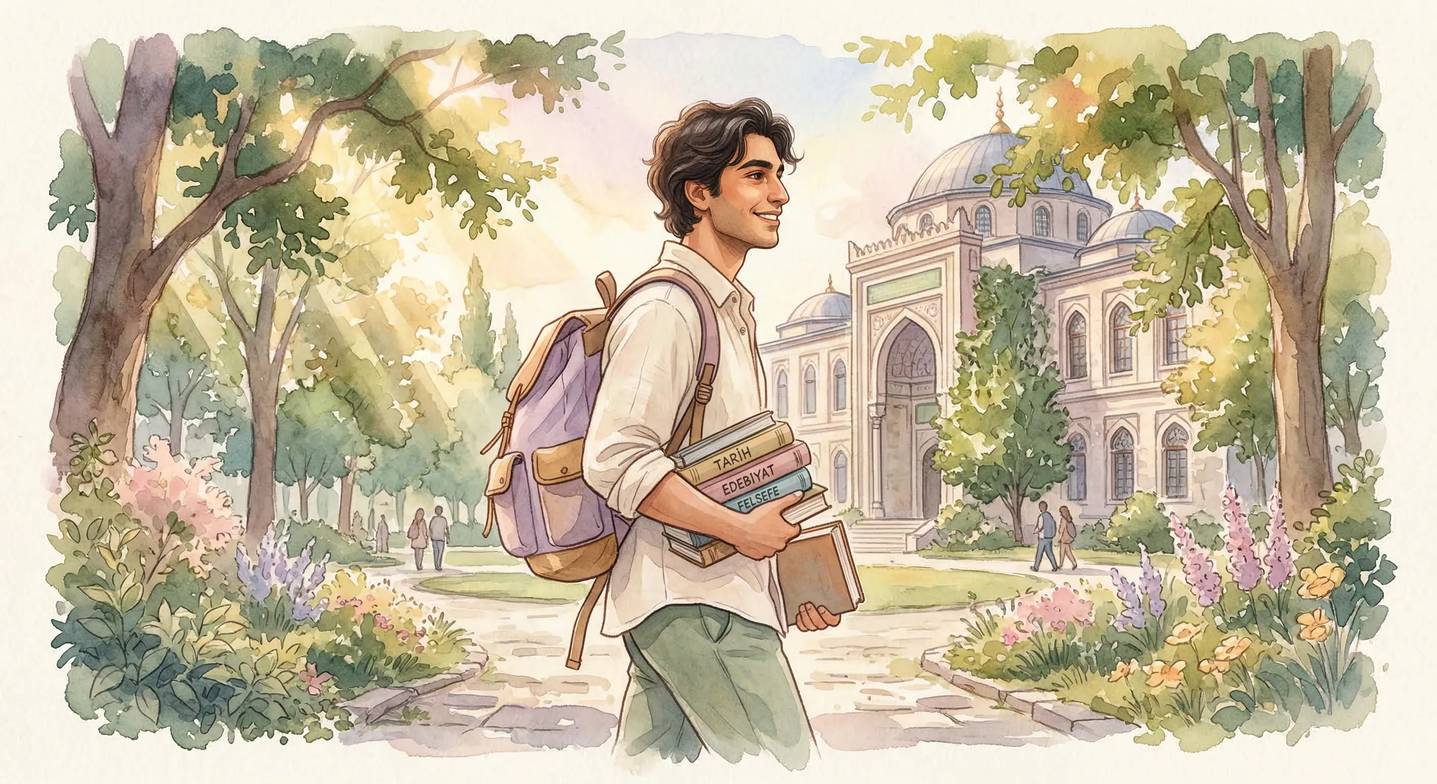 Üniversite kampüsünde gülümseyen genç bir Türk yetişkin, elinde kitaplar ve sırt çantasıyla yürüyor.