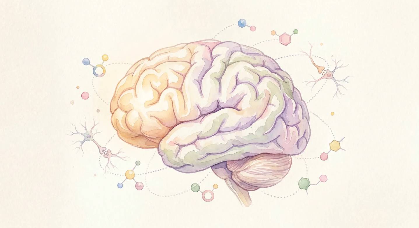 Bir insan beyninin yumuşak renklerle çizilmiş anatomik illüstrasyonu. Frontal lob bölgesi yumuşak bi