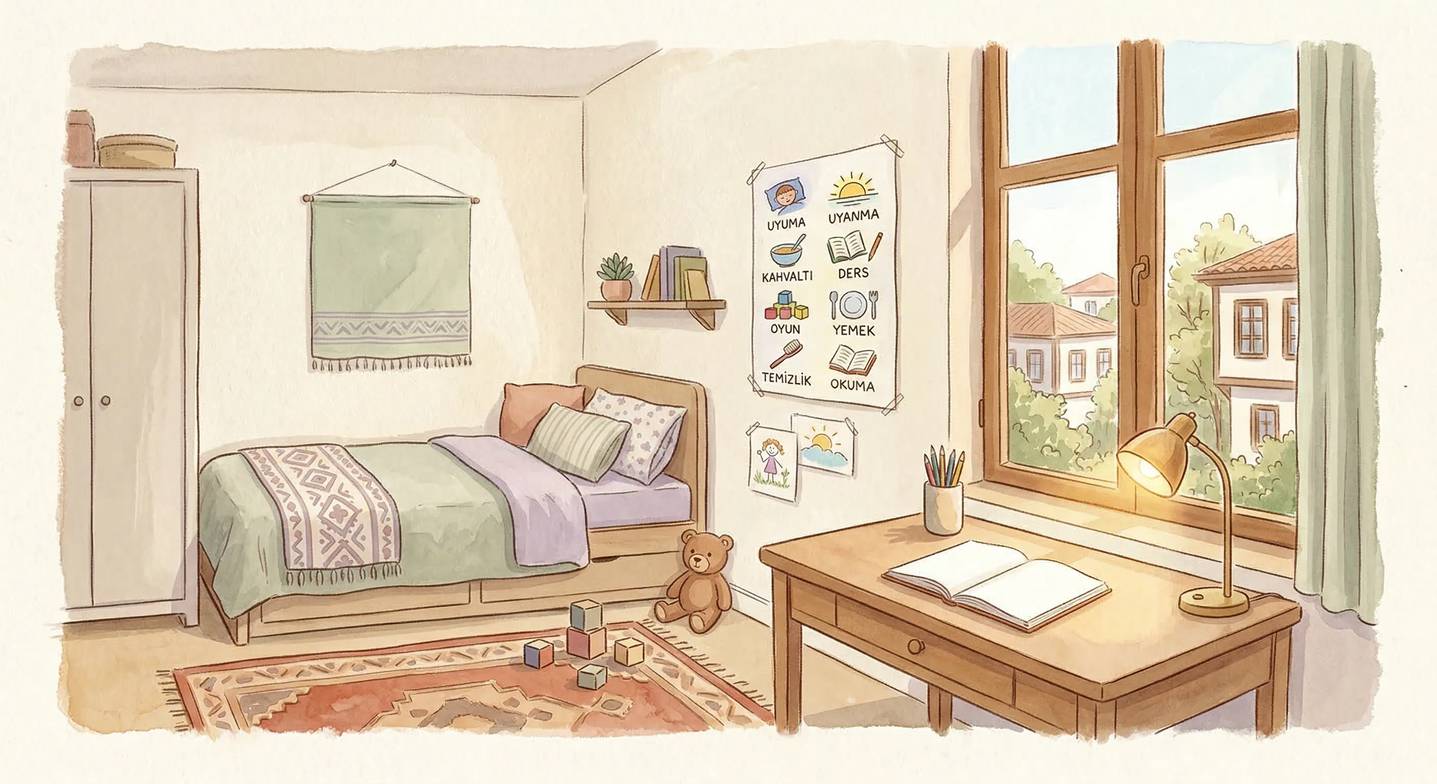 Düzenli ve sade bir çocuk odası. Temiz bir çalışma masası üzerinde sadece bir kitap, bir kalemlik ve