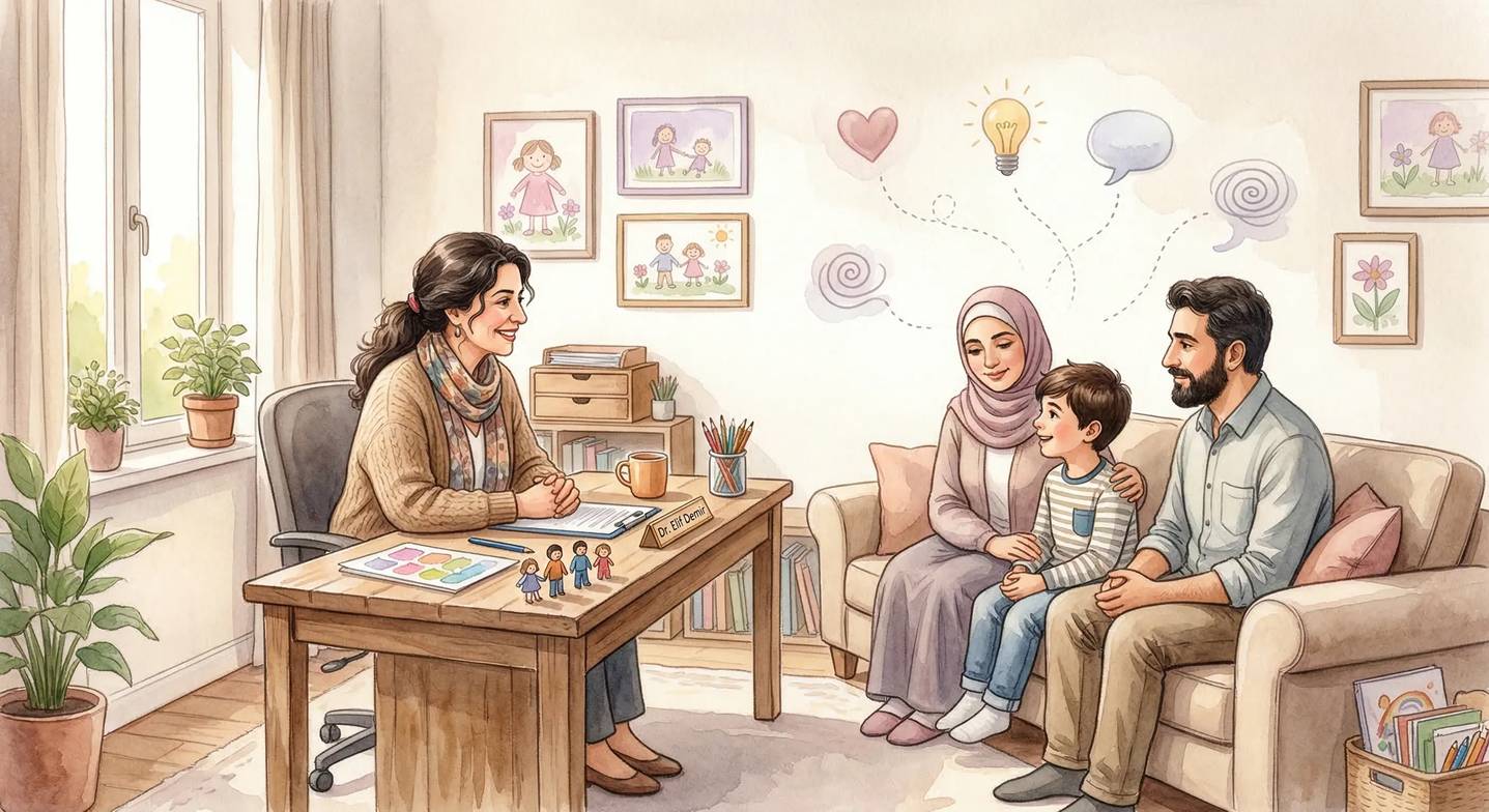 Aydınlık ve sıcak bir çocuk psikiyatristi ofisi. Doktor masasının karşısında bir anne-baba ve yanlar