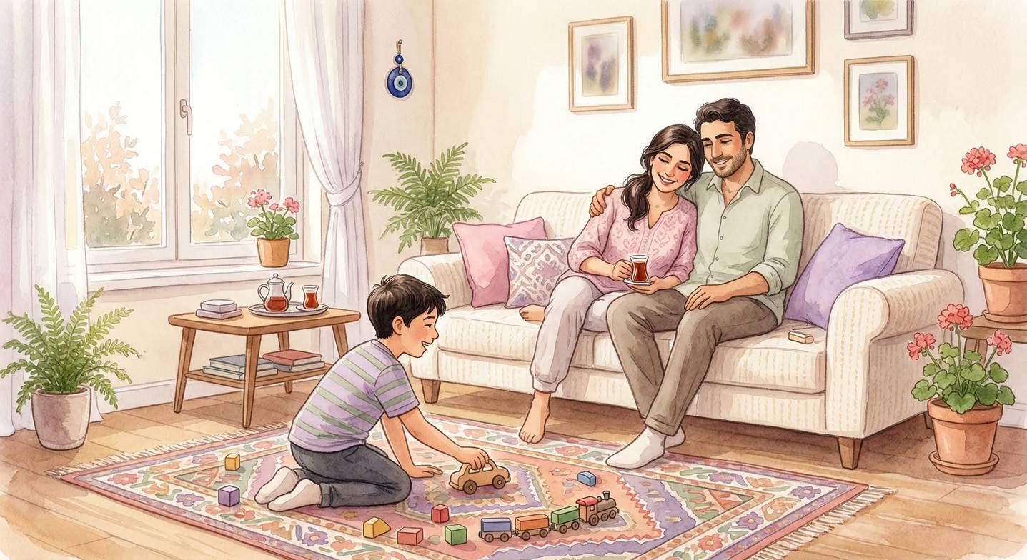 Sıcak bir Türk oturma odasında, anne ve baba kanepede otururken 8-9 yaşlarında bir erkek çocuğu yerd