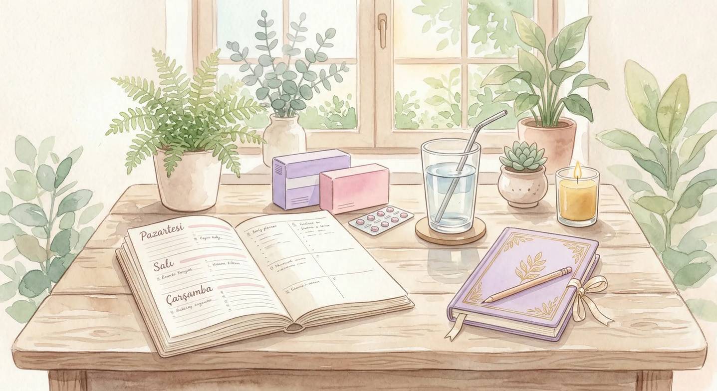 Bir çalışma masasının üzerinde düzenli bir tedavi planı: bir günlük planlayıcı takvim, yanında renkl