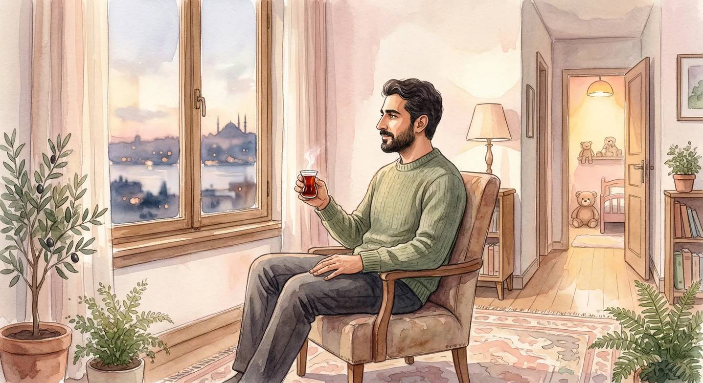 Bir baba, elinde bir fincan çay, oturma odasının penceresinden dışarı bakıyor. Yüz ifadesi düşünceli