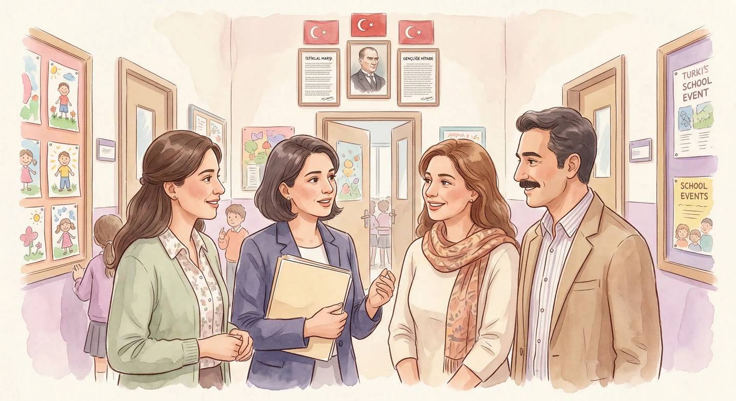 Okul koridorunda bir öğretmen, rehber öğretmen ve bir anne-baba ayakta sohbet ediyor. Rehber öğretme