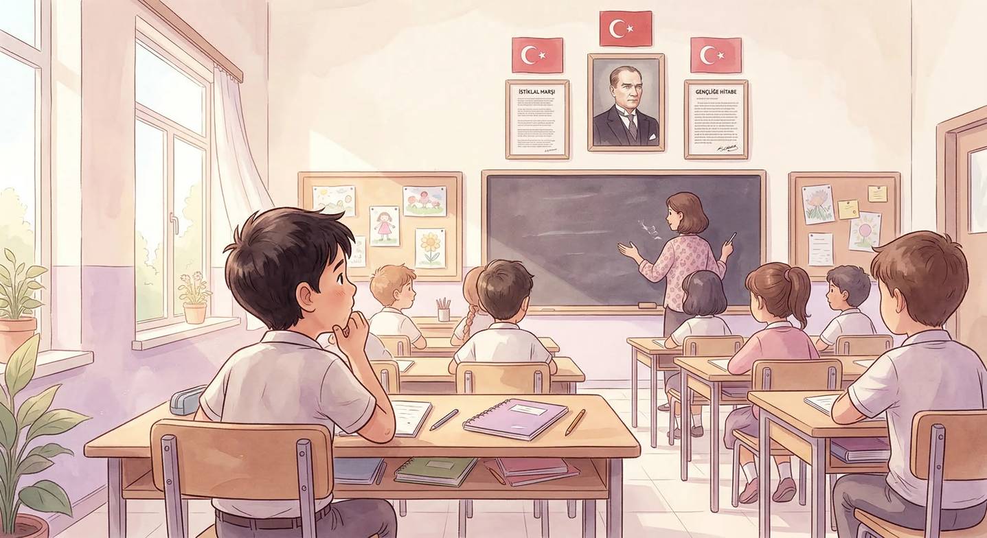 Türk ilkokul sınıfı, tahtanın üzerinde Atatürk portresi ve Türk bayrakları. Öğretmen tahtada ders an