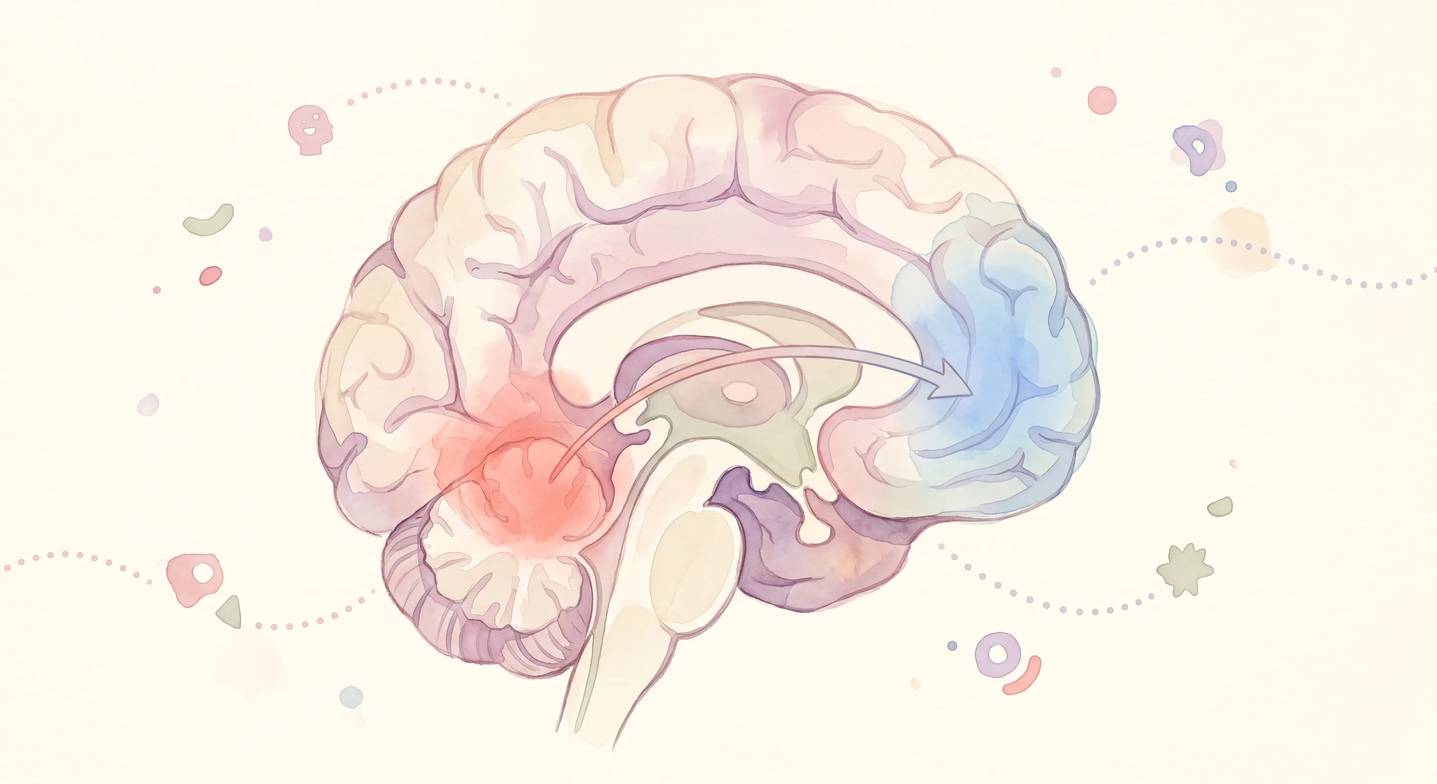 Beyinde duygu adlandırma sırasında amigdala aktivitesinin azalıp prefrontal korteks aktivitesinin arttığını gösteren basitleştirilmiş illüstrasyon.
