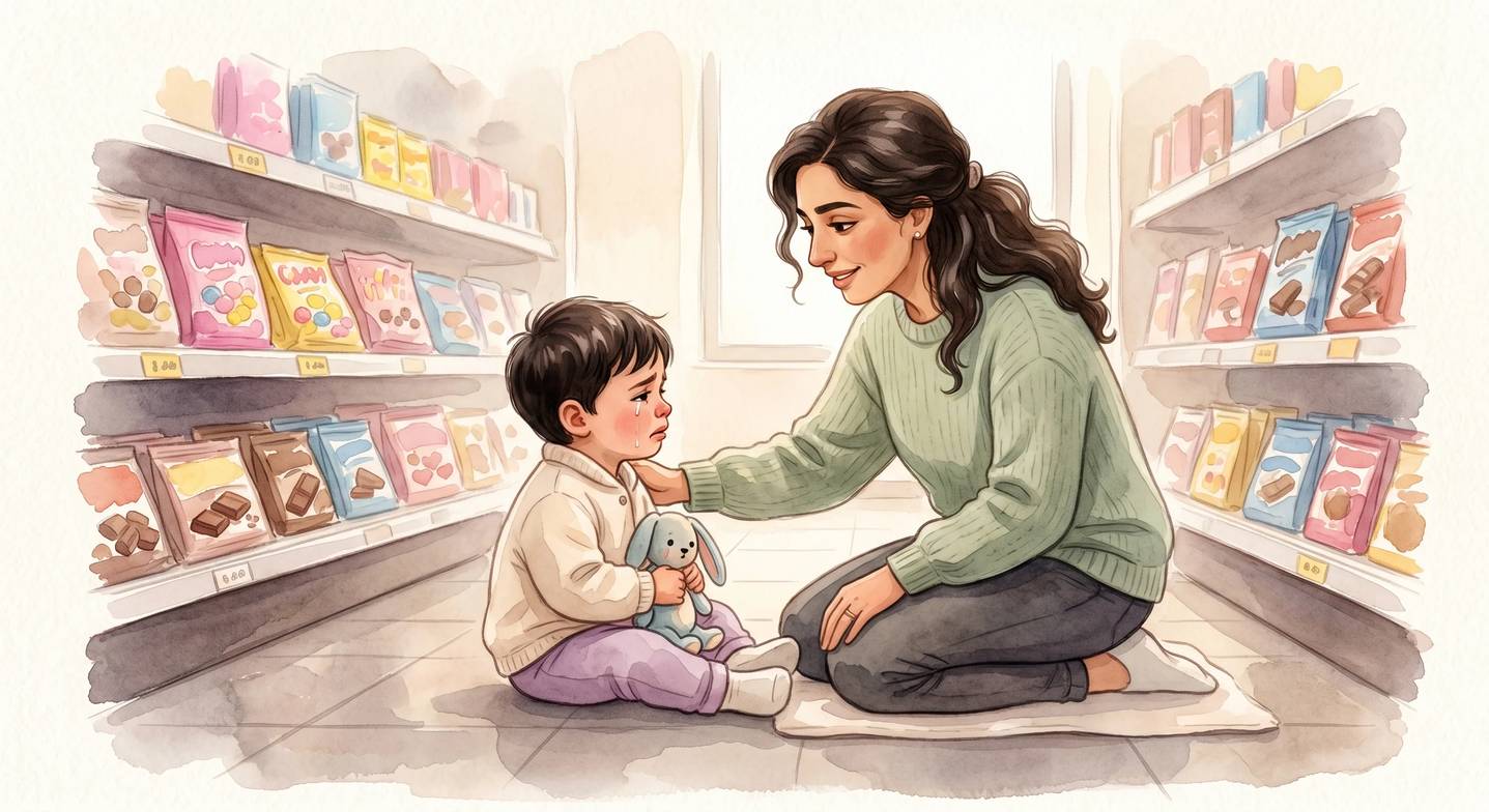 Bir anne markette ağlayan çocuğunun göz hizasına eğilmiş, sakin bir şekilde onunla konuşuyor.
