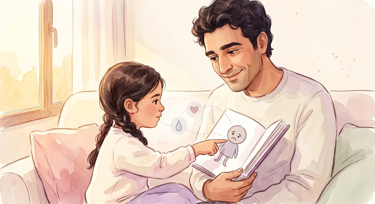 Bir baba ve kızı kanepede resimli kitap okuyor, kızı kitaptaki karakterin yüz ifadesini işaret ediyor.