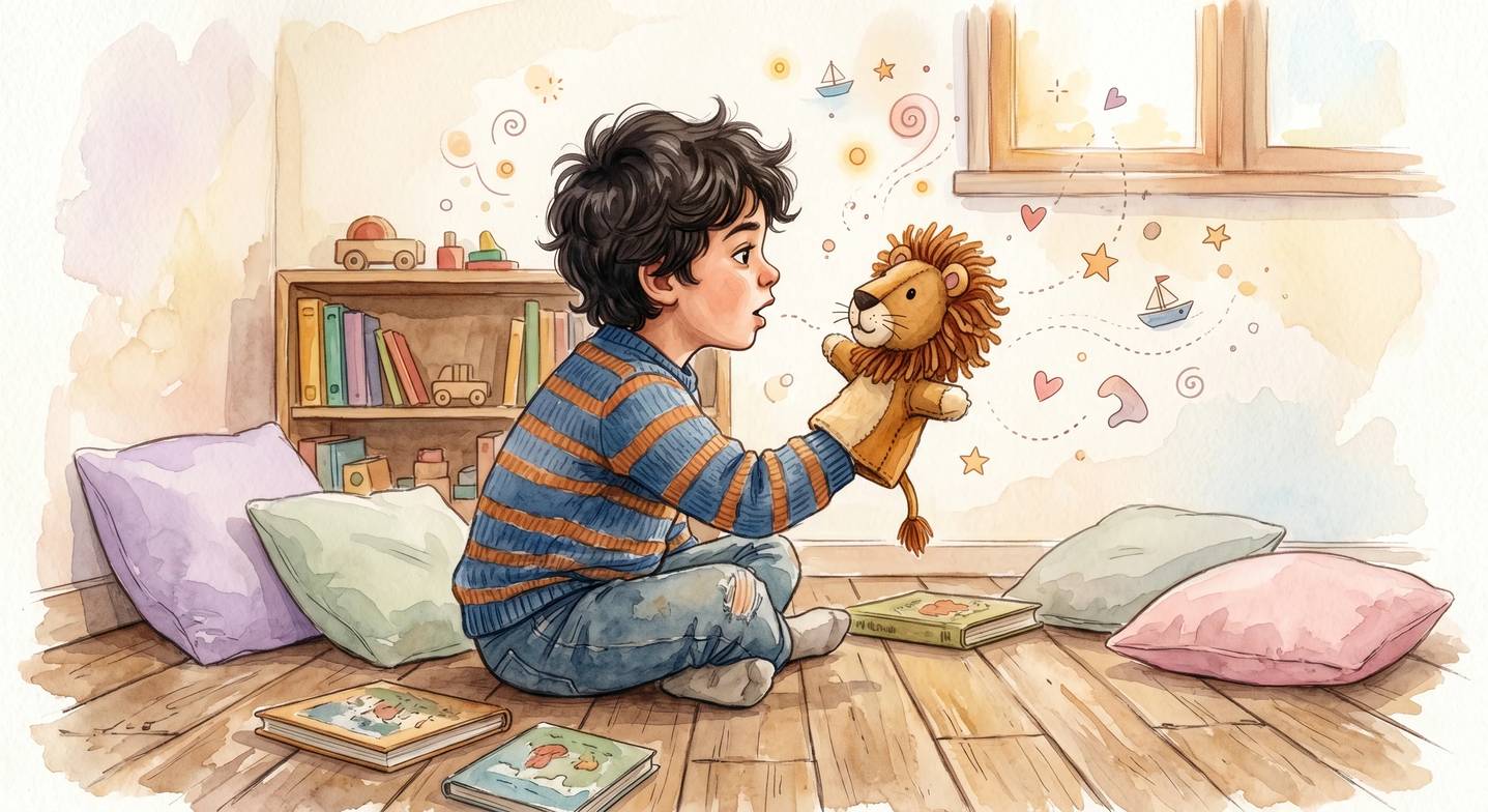 Bir çocuk elindeki aslan kuklası aracılığıyla duygularını ifade ediyor.
