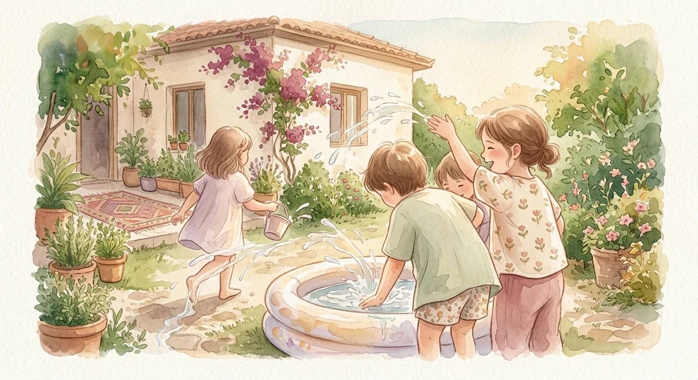 Bahçede su oyunları oynayan çocuklar.