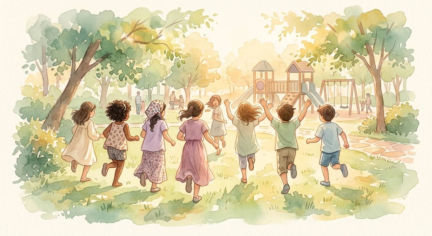 Yaz güneşinde parkta koşan çocuklar.