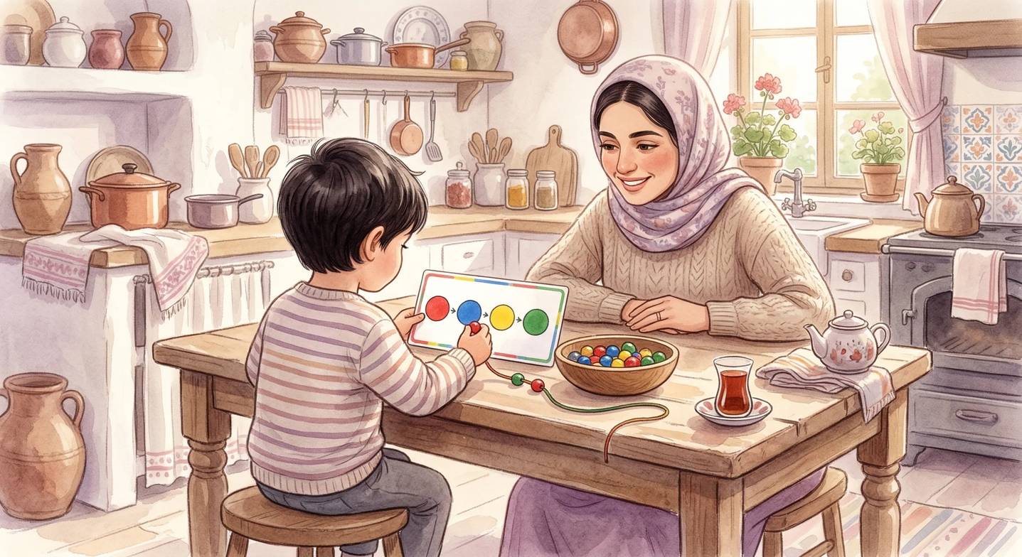 Anne ve çocuk birlikte boncuk dizme oyunu oynuyor.