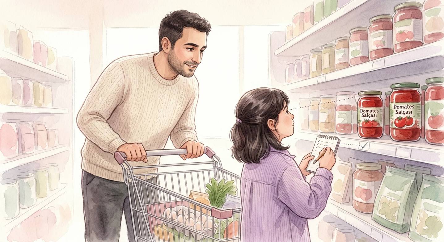 Baba ve kızı market alışverişi listesini birlikte kontrol ediyor.
