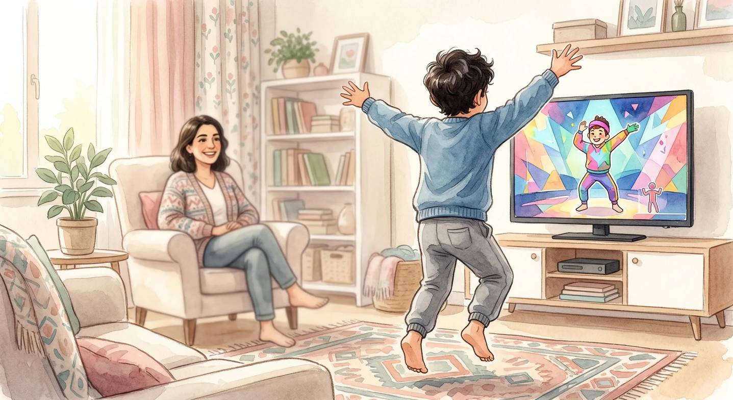 Çocuk, televizyonda dans temelli bir hareketli video oyunu (exergame) oynuyor.