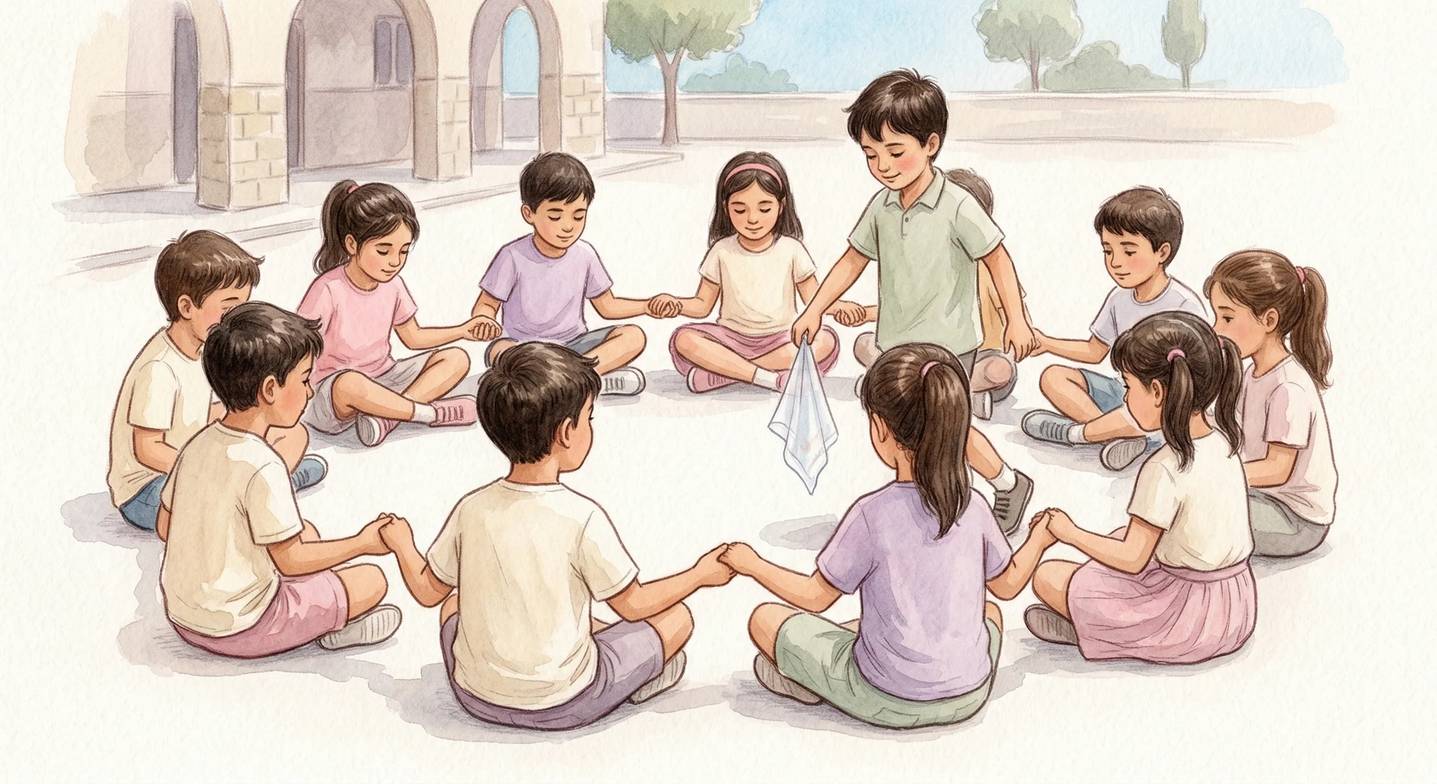 Çocuklar bahçede geleneksel 'Yağ Satarım Bal Satarım' oyunu oynuyor.