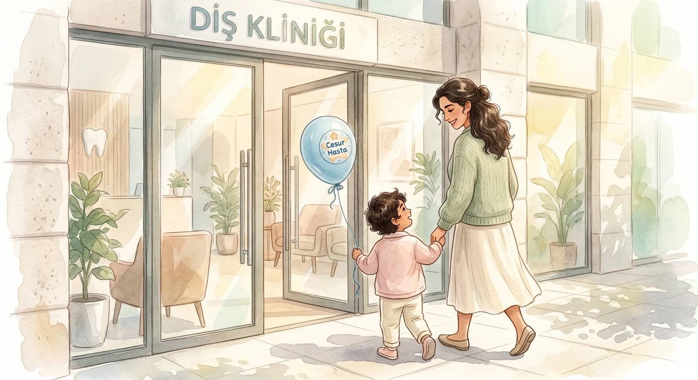 Anne ve çocuk, başarılı bir diş hekimi ziyaretinin ardından mutlu bir şekilde el ele yürüyor.