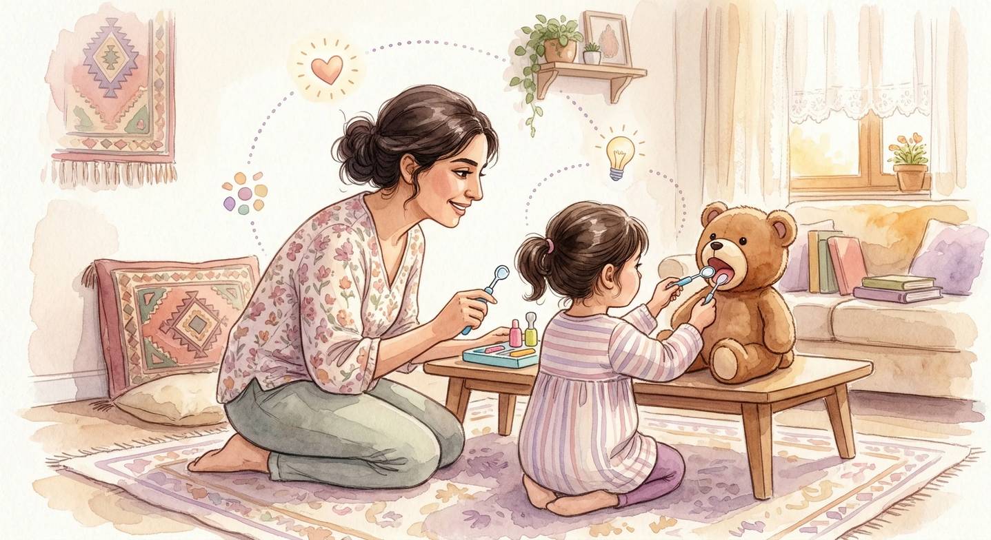 Anne ve kız çocuğu, oyuncak dişçi seti ile oynayarak diş hekimi ziyaretine hazırlanıyor.