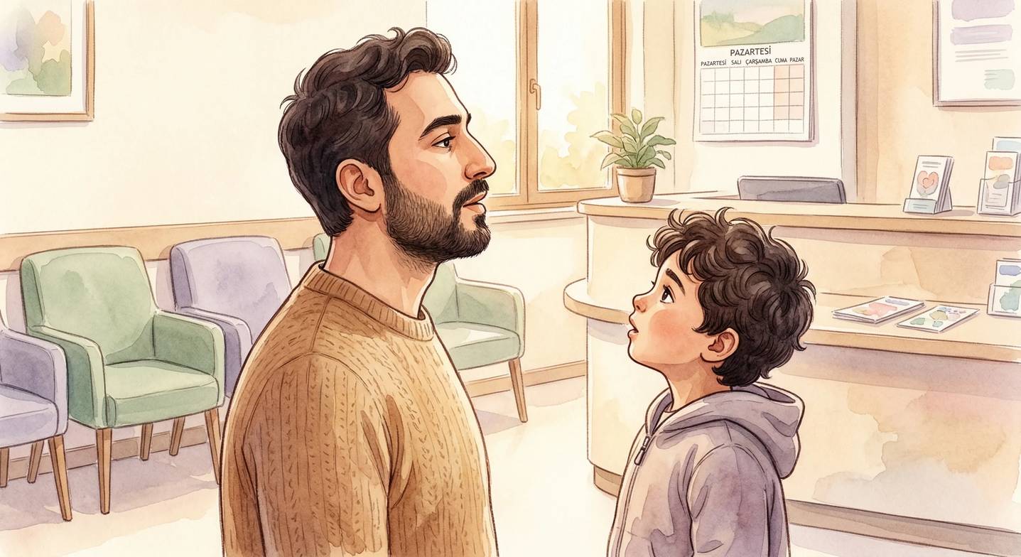 Baba ve oğul, doktor beklerken birlikte derin nefes egzersizi yapıyor.