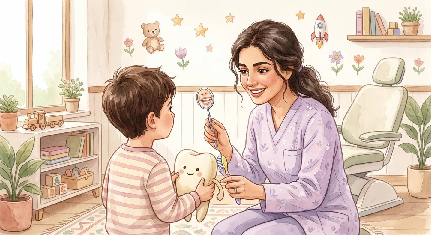 Diş hekimi, 'Söyle-Göster-Yap' yöntemini kullanarak çocuğa aleti tanıtıyor.