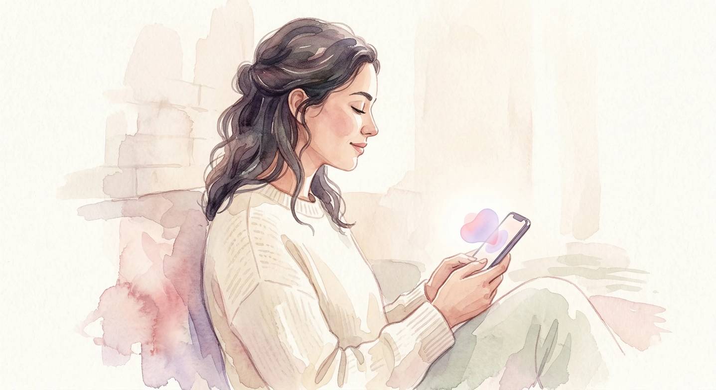 Bir ebeveyn, mobil bir uygulama aracılığıyla nefes egzersizi yaparak kendi kaygısını yönetiyor.