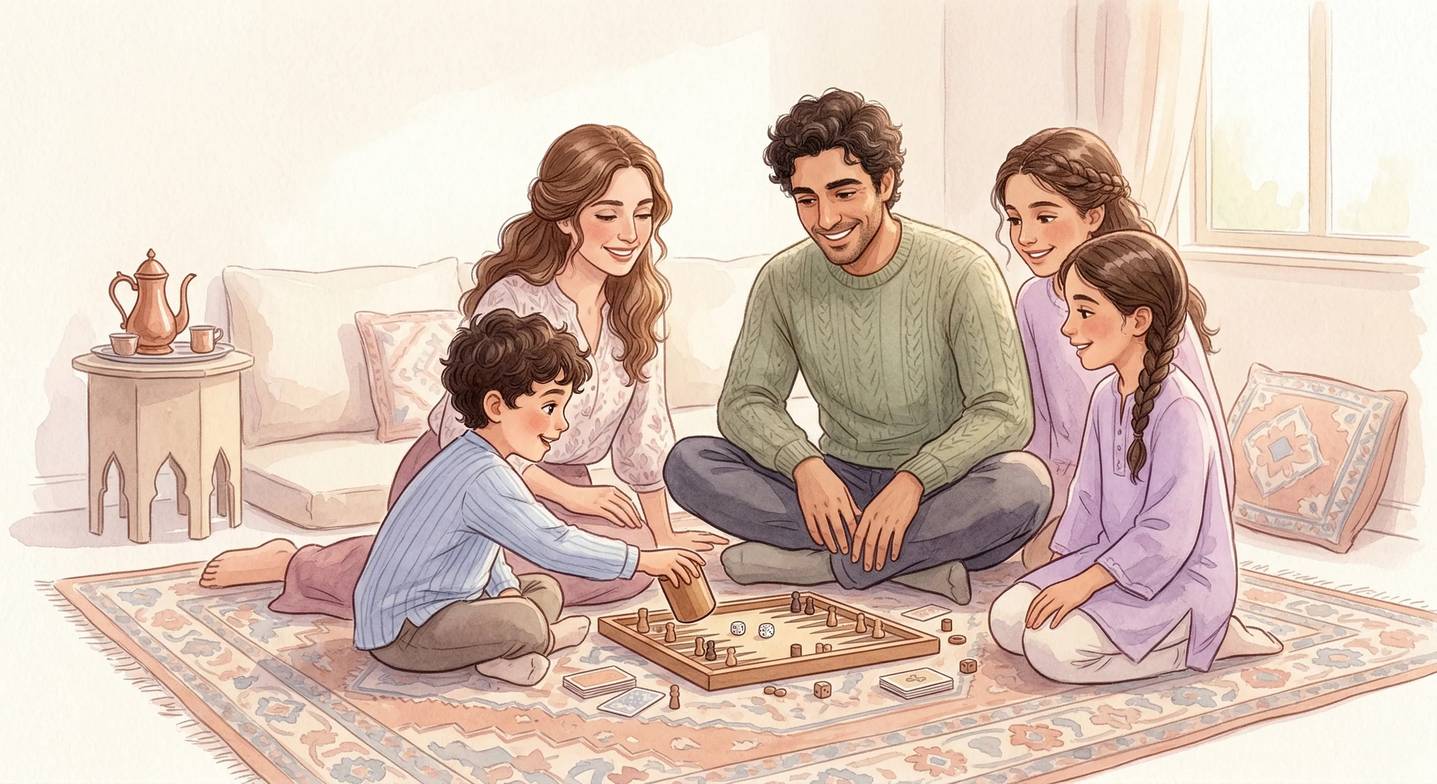 Aile bireyleri birlikte bir masa oyunu oynuyor.