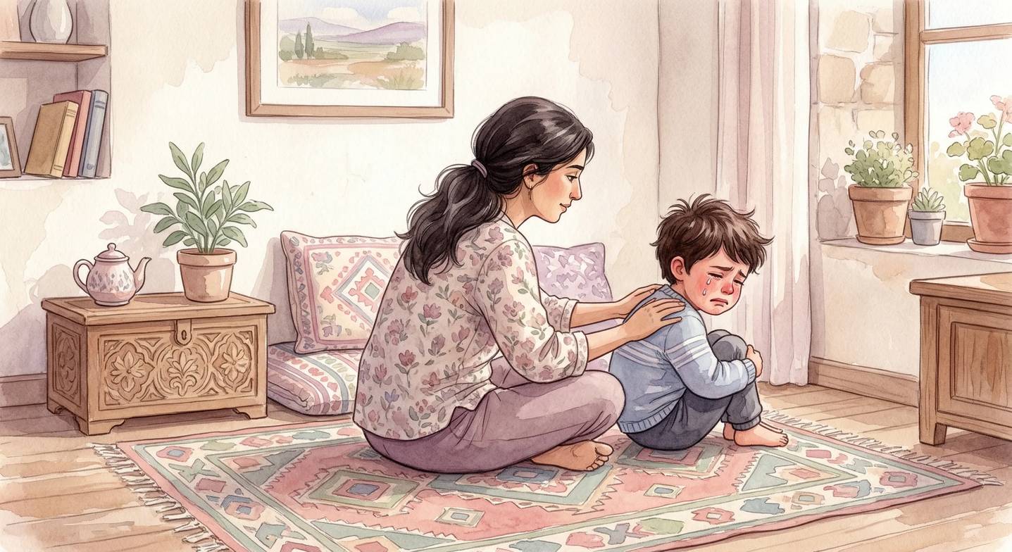 Bir anne, öfke nöbeti geçiren çocuğunun yanında sakin bir şekilde oturuyor.